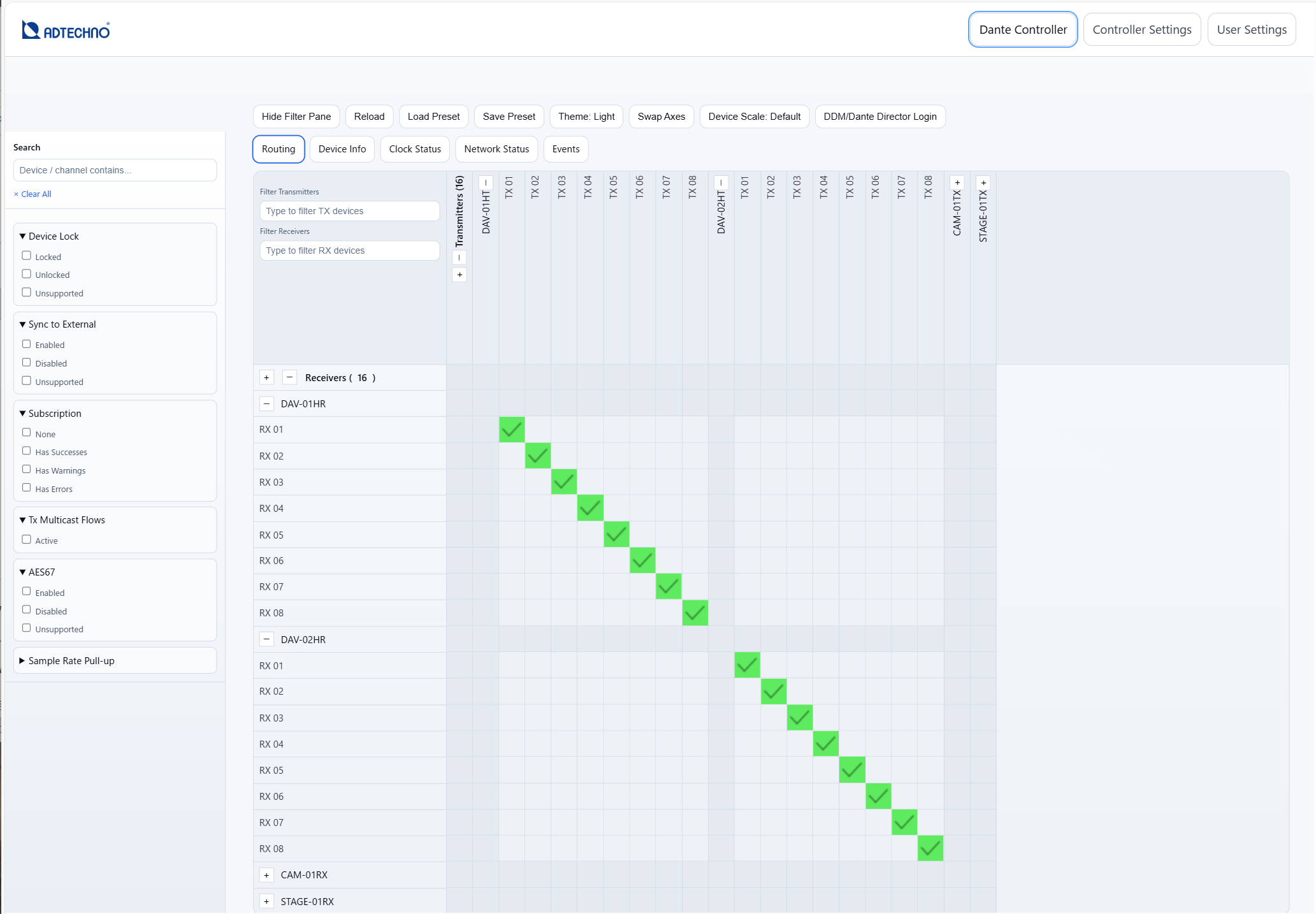 Dante Controller screen