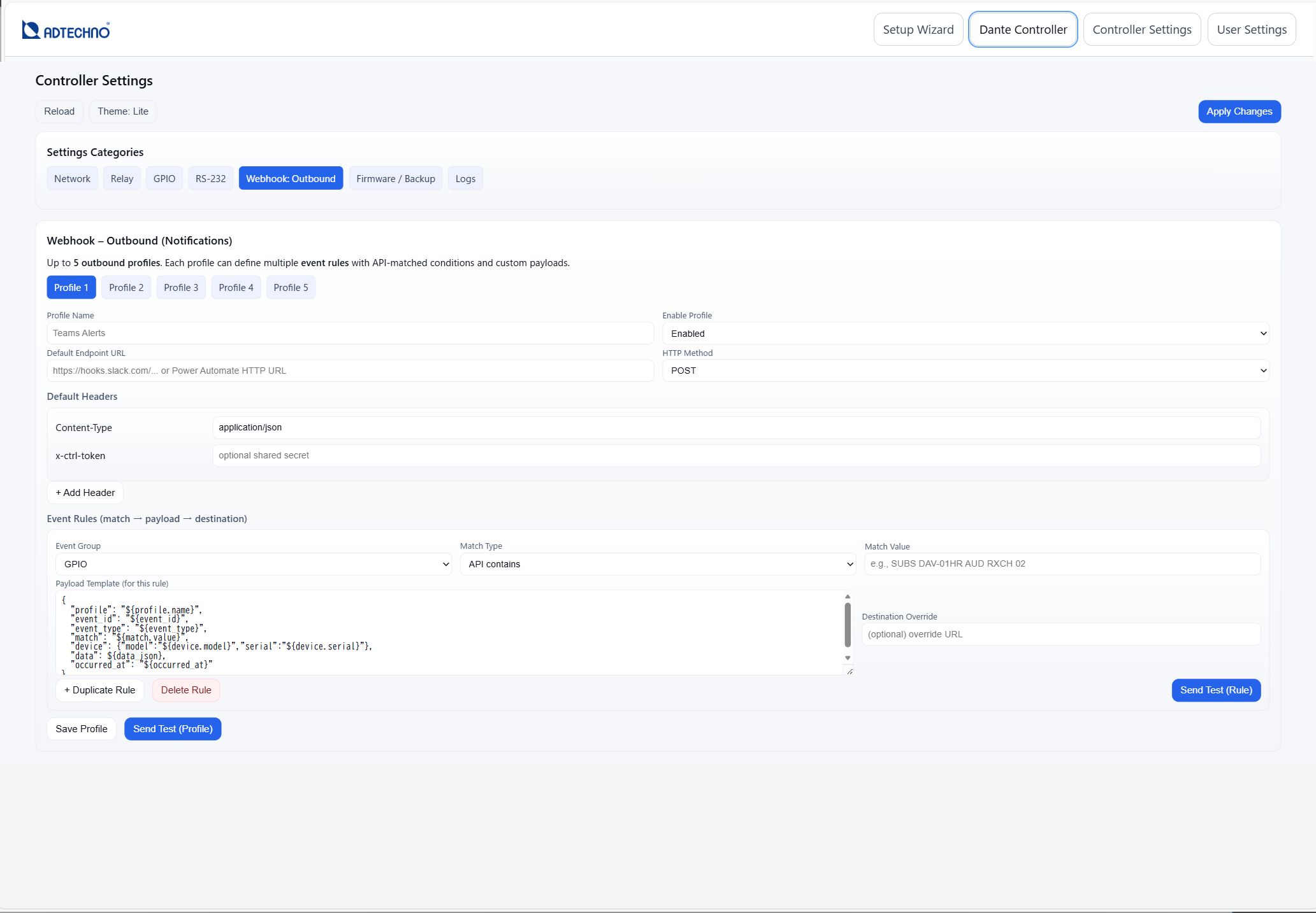 Webhook Settings screen