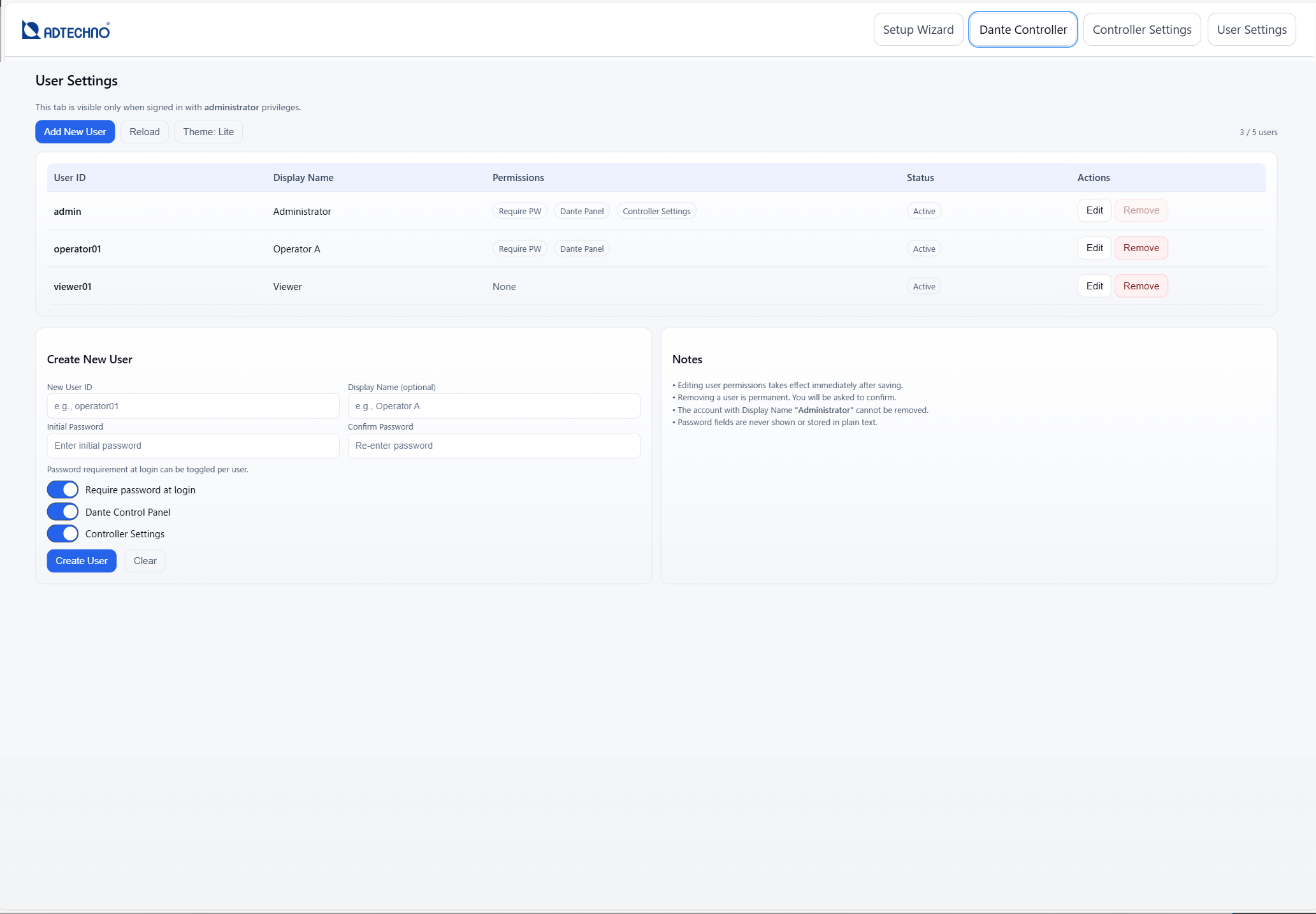 User Settings screen