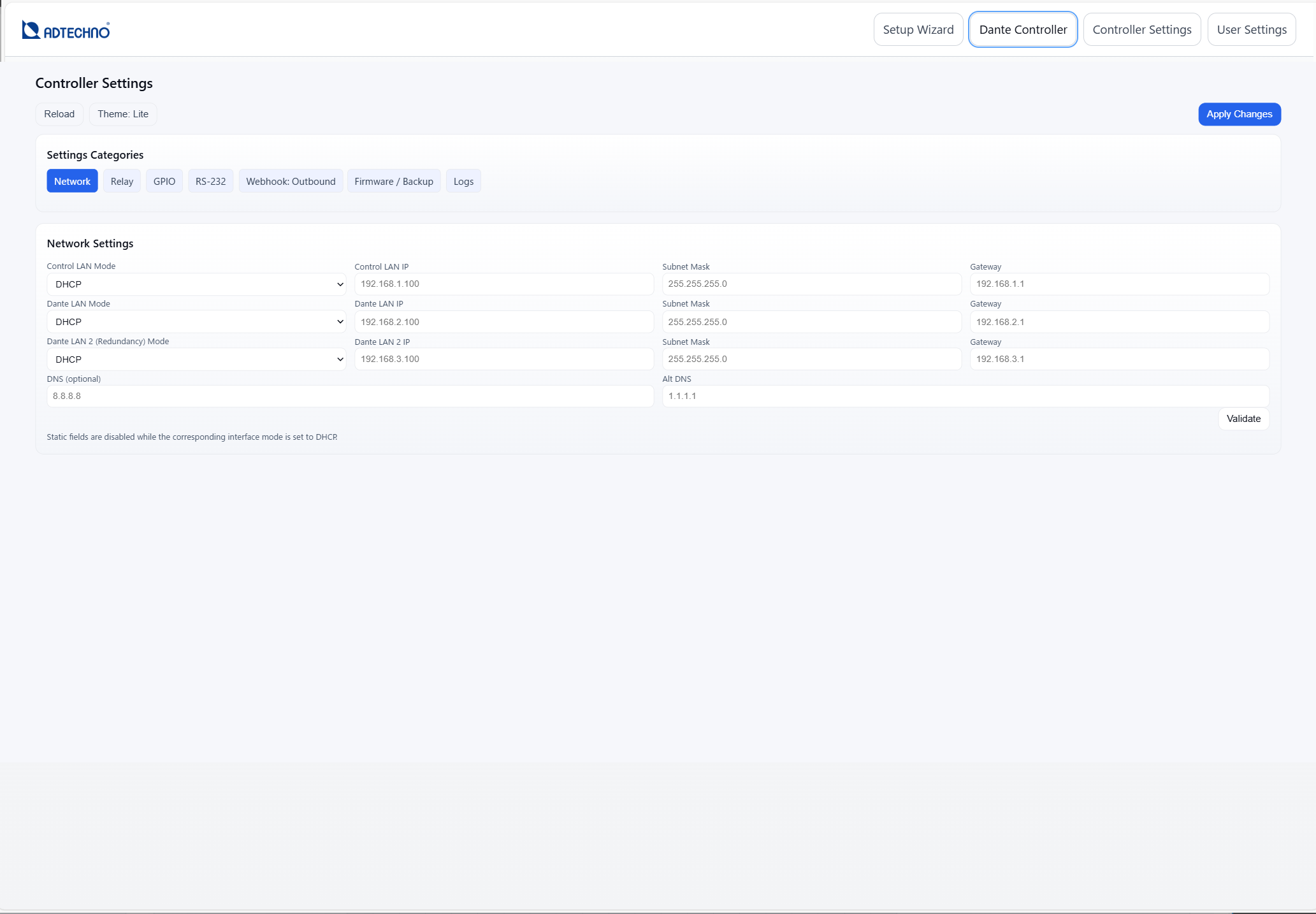 Network Settings screen